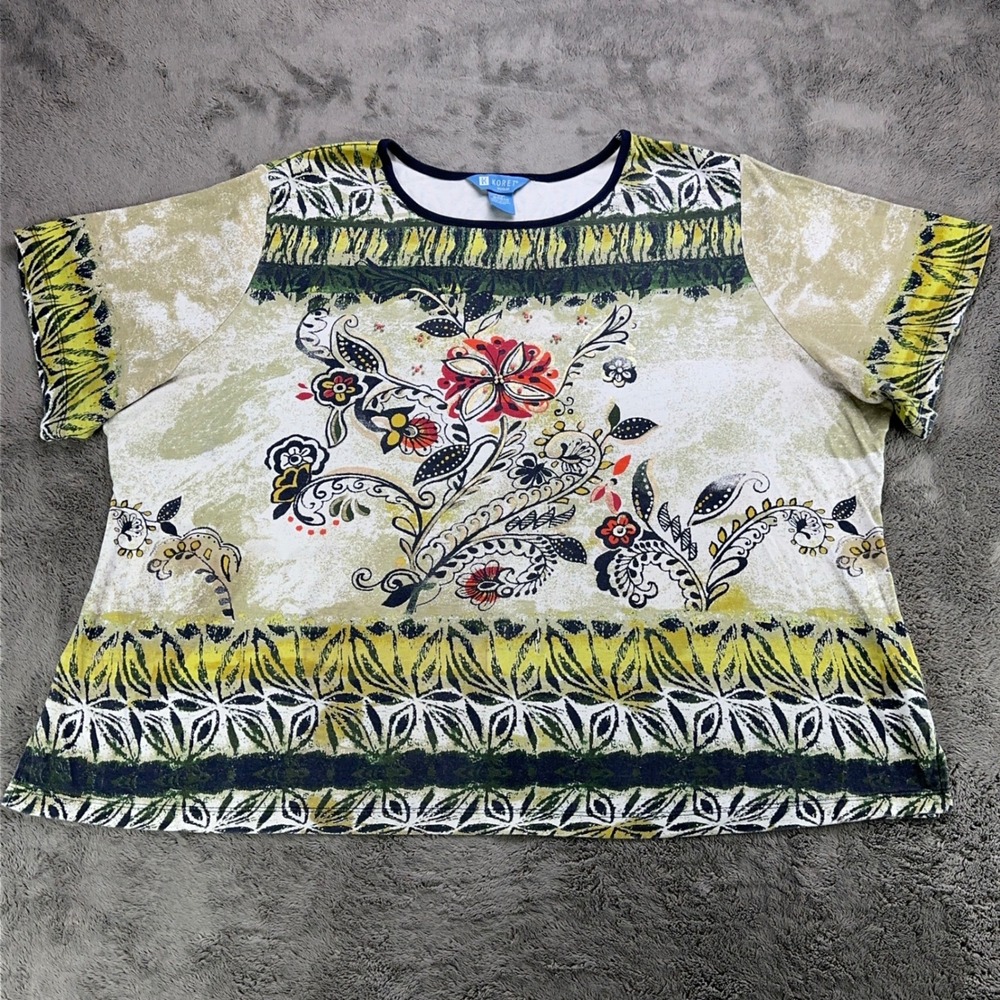 Koret Woman 2X Floral Paisley Print Cotton T-Shirt Green Tan Short Sleeve Top